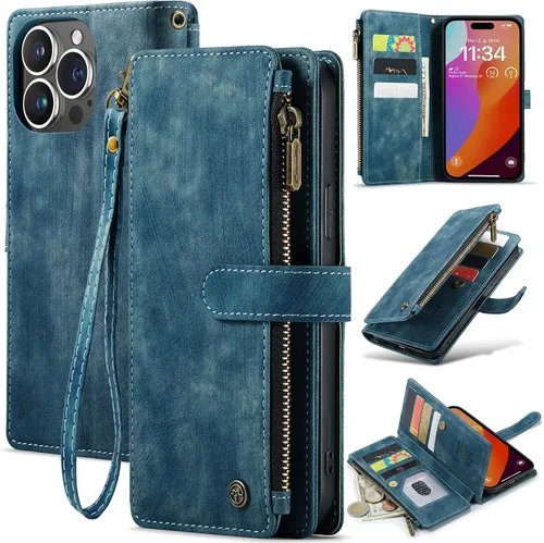 Vista 10 de CaseMe - Funda tipo cartera para iPhone 15 Pro Max, multifunción, hecha a mano, de piel sintética, con cremallera, a prueba de golpes, con cierre