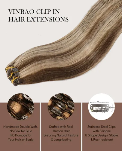 Vista 67 de VINBAO Extensiones de cabello humano con clip, balayage, color marrón ceniza a rubio caramelo, 14 pulgadas, 6 unidades, 3.53 onzas, 6