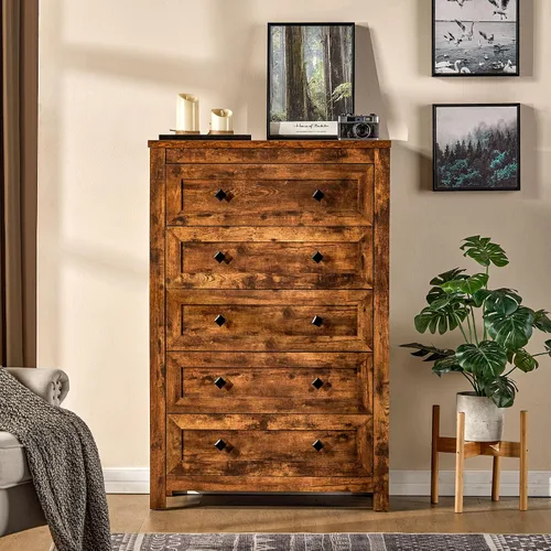 Vista 12 de VanAcc - Cómoda de granja de 5 cajones, cómoda para dormitorio, color gris Cómoda de madera natural de 47 pulgadas de alto, amplio almacenamiento