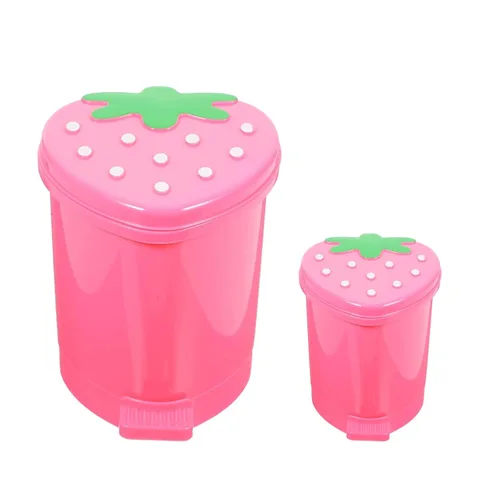 Vista 7 de Bote de Basura de Fresa, Bote de Basura de Plástico Lindo de 1 Galón para Escritorio Kawaii Pequeño Bote de Basura de Fresa para Dormitorio con 2