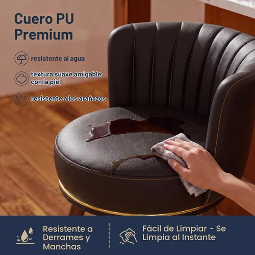 Vista 6 de SeekFancy - Juego de 2 taburetes de bar giratorios de cuero negro de 24 pulgadas Upholstered pleated backs, wood legs, gold footrests, 300lbs