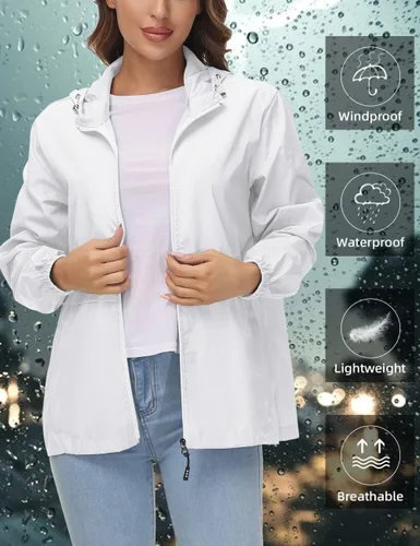 Vista 3 de Avoogue Chaqueta impermeable para mujer, ligera, plegable, con capucha, rompevientos para exteriores