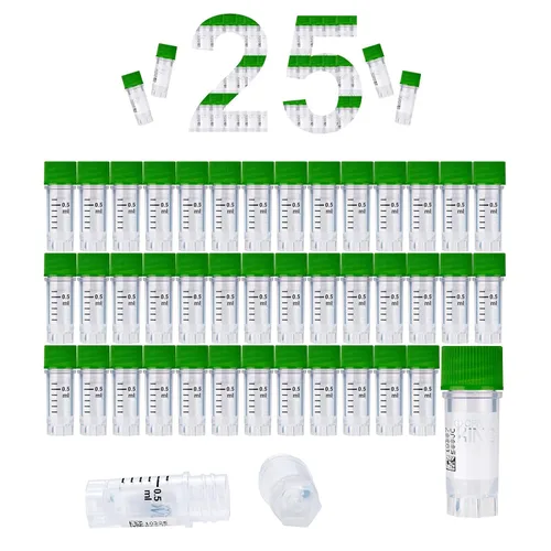 Vista 25 de Cryoviales de 0.0 fl oz, 25Pcs Cryotubes con código de barras lateral, frascos de esterilización con rosca externa, tubos de muestra con tapas Azul