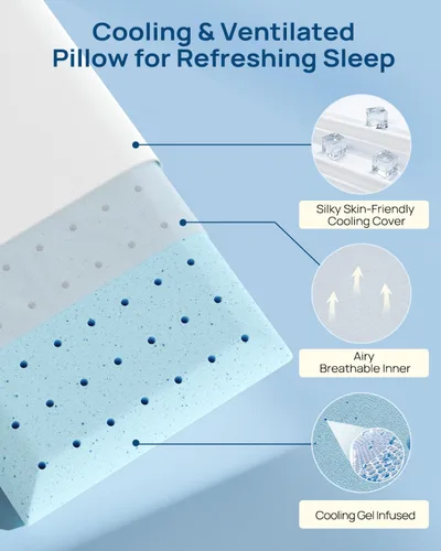 Vista 4 de Almohada de espuma viscoelástica de gel Cool Touch, suave y transpirable, almohada plana para dormir boca abajo y espalda, almohada ortopédica