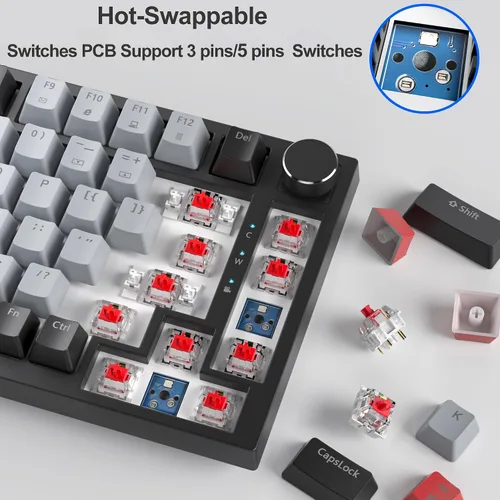Vista 3 de Fogruaden Teclado mecánico con cable al 75%, montaje de junta intercambiable en caliente con interruptor rojo, retroiluminación RGB de 82 teclas