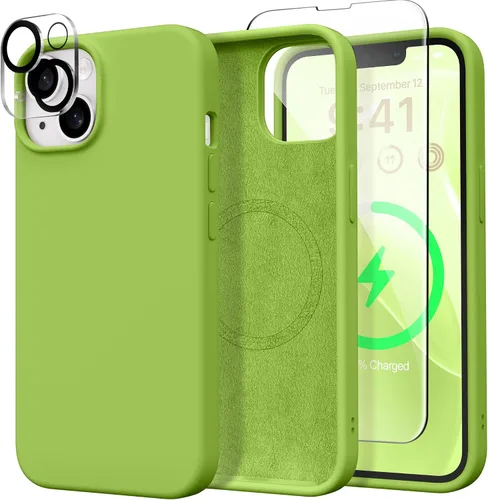 Vista 11 de GONEZ Funda para iPhone 15, funda de silicona líquida con [1 protector de pantalla + 1 protector de lente de cámara], forro de microfibra suave Verde