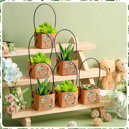 Vista 4 de Aliceset 100 bolsas de regalo para suculentas con asa de plástico, caja de regalo de papel kraft, cesta de regalo para baby shower, boda, fiesta,
