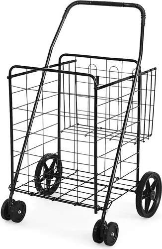 Vista 8 de Goplus Carrito de compras plegable jumbo con ruedas giratorias, carrito de compras plegable sobre ruedas con doble cesta, carrito de utilidad