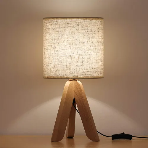 Vista 9 de HAITRAL Lámpara de Mesa de Trípode de Madera con Base Marrón, Pequeña Lámpara de Mesa Lámpara de Mesita de Noche con Pantalla de Tela de Lino