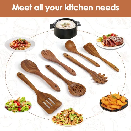Vista 9 de comfoyar Juego de 7 cucharas de madera de teca para cocinar con espátula
