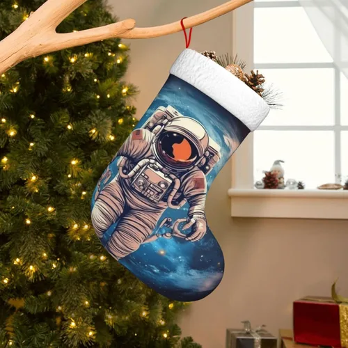 Vista 6 de Astronauta Planet Print Christmas Stockings with Plush Cuff Fireplace Hanging Xmas Stocking Christmas Decorations for Family Holiday Xmas Party New