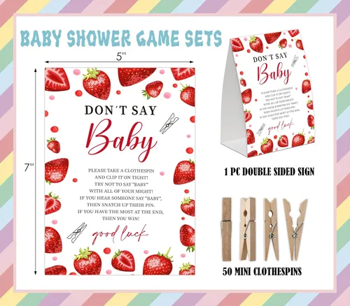 Vista 2 de Juego de bebé de fresa con texto en inglés "Don't Say Baby Show", paquete de un letrero de 5 x 7 pulgadas y 50 mini pinzas naturales para la ropa