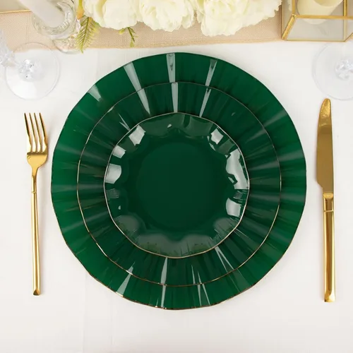 Vista 199 de Tableclothsfactory Paquete de 10 platos redondos de plástico negro de 6 pulgadas para ensalada de postre, platos desechables con borde ondulado