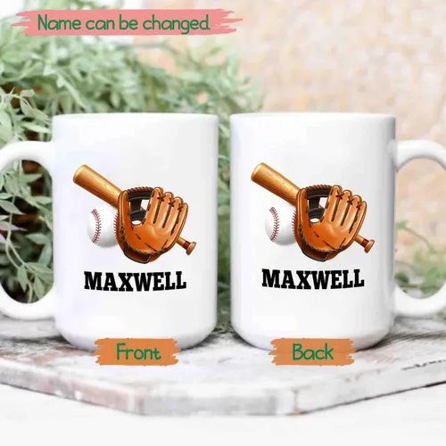 Vista 2 de Taza de café blanca de béisbol personalizada de 11 y 15 onzas, regalo para hombres, mujeres, entrenadores de equipo, niños, amantes del béisbol
