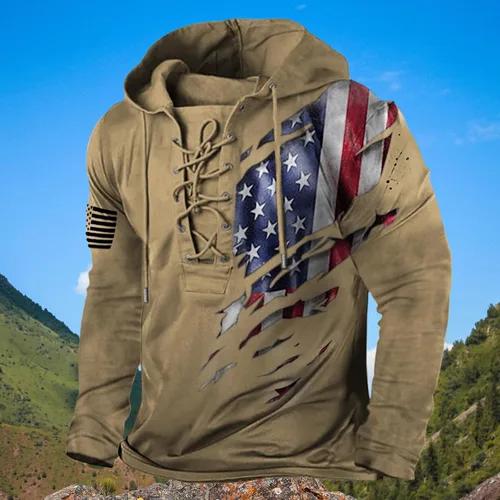Vista 2 de Bengbobar Sudaderas con Capucha Tácticas Militares para Hombre Retro Desgastadas con Estampado de Bandera Americana Pullover con Cordones Bandera