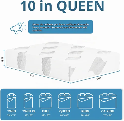 Vista 2 de Colchón Queen de 10 pulgadas, de espuma viscoelástica de gel refrescante, con funda extraíble y lavable, colchón Queen en una caja, firmeza media