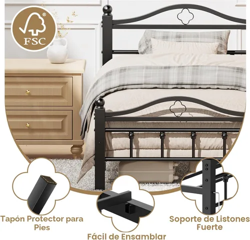 Vista 5 de Marco de Cama Tamaño Individual con Cabecera Vintage, Marco de Cama Plataforma Individual de Servicio Pesado de 1500 Libras con Diseño Libre