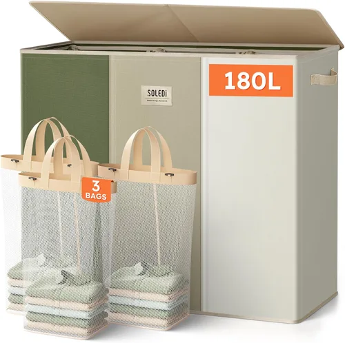Vista 21 de SOLEDI Cesta de lavandería de 3 secciones de 180L con tapa, cesta de ropa sucia extragrande con asas resistentes para lavandería y dormitorio