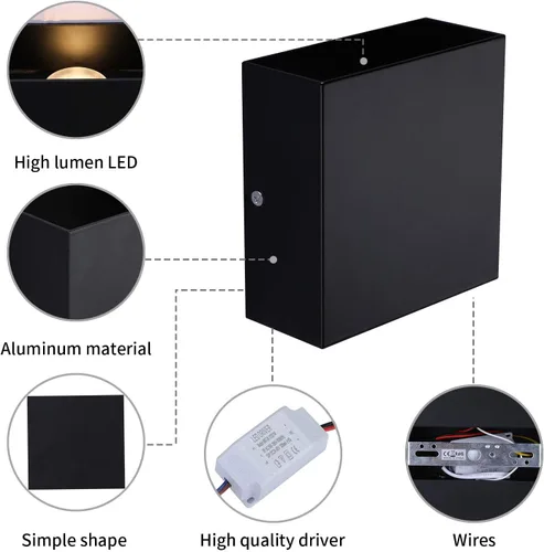 Vista 6 de Lightess Aplique de pared LED cableado, 10 W, juego de 2 lámparas de pared modernas negras, luces de montaje en pared arriba hacia abajo, mini metal