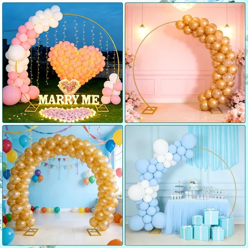 Vista 6 de Arco de globos de metal, soporte de fondo de arco redondo de 8 pies (8.2 ft), marco de arco de círculo dorado grande con base para decoración