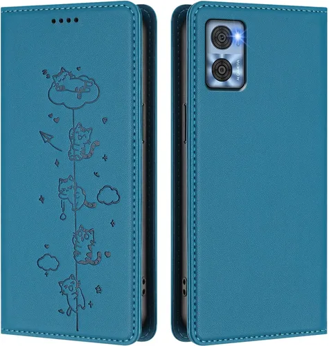 Vista 10 de Wallet Phone Case for Moto E22 4G Cover, Playful Cat PU Leather Phone Cover with 2 Card Slots & Hidden Flip Kickstand, TPU Shockproof Protective