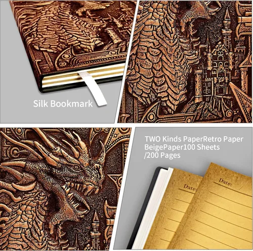 Vista 3 de DND - Cuaderno de Dungeon and Dragon de cuero en relieve 3D, diario de dragón con bolígrafo negro y funda para bolígrafo, diario de viaje vintage