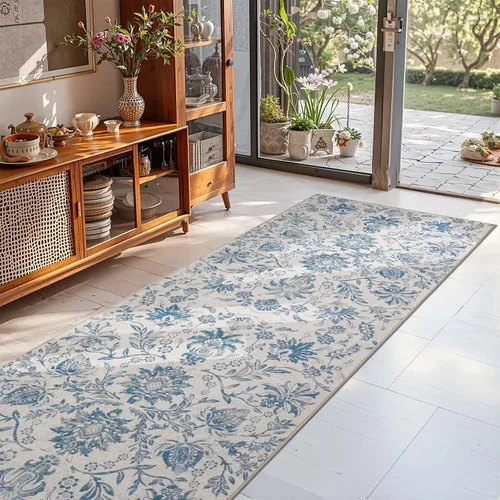 Vista 295 de jinchan Lima - Alfombra simétrica floral geométrica lavable, alfombra de entrada de medio círculo de 2 x 3, alfombra de media luna, suave y Azul