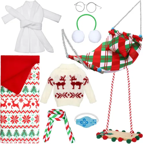 Vista 8 de Aoriher Juego de 9 accesorios de muñeca de Navidad que incluye saco de dormir, albornoz, máscara, orejeras, bufanda, gafas, hamaca, suéter (bombilla)