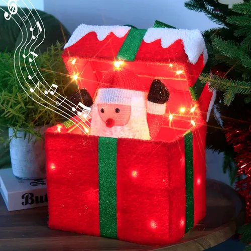 Vista 9 de PEIDUO Papá Noel de Navidad animado en caja de regalo iluminada, luces decorativas de música navideña con sensor de movimiento, decoraciones