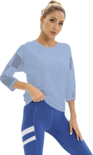 Vista 5 de Camisas de entrenamiento para mujer, camisa atlética de malla para mujer, camisetas de yoga, gimnasio, ropa deportiva, manga 34, camisetas