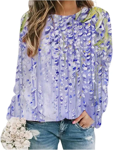 Vista 2 de Blusas de algodón para mujer, sudaderas casuales con estampado floral, cuello redondo, manga larga, camisetas tipo túnica