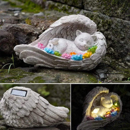 Vista 6 de Piedra conmemorativa para gatos, estatuilla solar de ángel para gatos - Piedra conmemorativa para mascotas para jardín o lápida conmemorativa (gato)