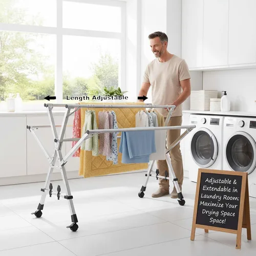 Vista 5 de This Foldable Stainless Steel Clothes Rack, Telescopic Laundry Drying Hanger, Expandable Folding Garment Rack for Indoor Outdoor, Space-Saving Heavy