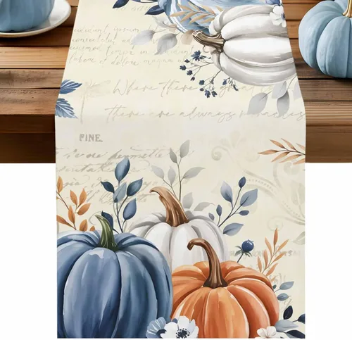 Vista 10 de Juego de 4 manteles individuales de otoño con diseño de calabaza azul, hojas florales, manteles individuales de otoño, lavables, cosecha, Acción