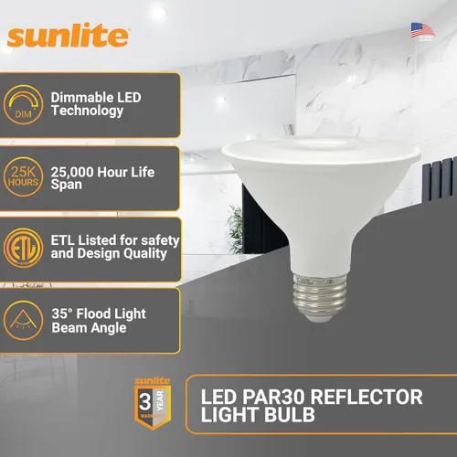 Vista 2 de Sunlite Foco Reflector PAR30 LED, Foco, 9W (equivalente a 75W), 750 Lm, Base E26 Media, CRI 90, Atenuable, Uso en Iluminación de Riel Decorativa