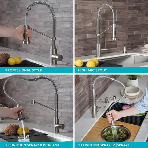 Vista 14 de KRAUS Bolden - Grifo de cocina de estilo comercial con mango individual de dos funciones desplegable en bronce champán antiguo libre de manchas