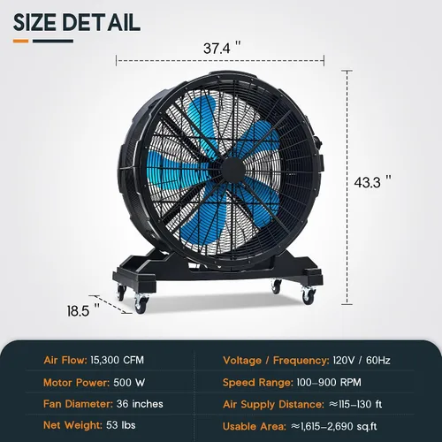 Vista 8 de Albott Ventilador de tambor industrial de 36 pulgadas, ventilador de piso de alta velocidad de plástico de 500 W con ruedas y velocidad variable
