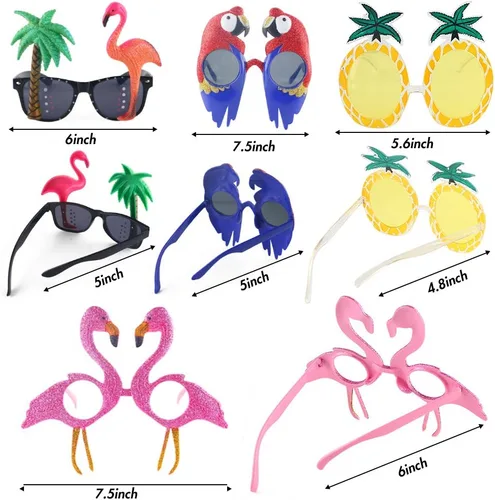 Vista 2 de POPLAY 4 pares de gafas de sol Luau para fiesta, divertidas gafas de sol tropicales hawaianas, flamenco, coco, piña, guacamayo, playa, accesorios