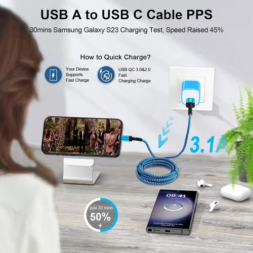 Vista 3 de Cable USB a USB C de 6 pies/Paquete de 3 para iPhone 17 16 15/15 Pro/15 Pro Max/15 Plus, cable de carga rápido USB A a USB tipo C para Samsung