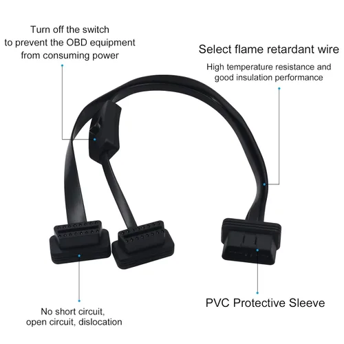 Vista 5 de Duttek Cable divisor OBD II (con interruptor), OBD2 de 16 pines macho a hembra de extensión de diagnóstico Y cable plano para todos los equipos OBD