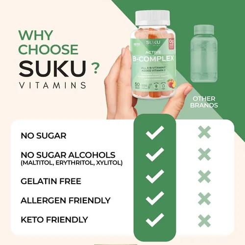 Vista 8 de SUKU - Gomitas de complejo de vitamina B con vitamina C – Suplemento de gomitas de complejo vegano de 8 vitaminas B sin azúcar aumenta el desarrollo