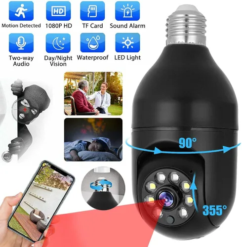 Vista 3 de EVERSECU Tuya Cámara de seguridad inteligente con conector E26/E27 1080P WiFi inalámbrico CCTV PTZ Cámara de audio bidireccional/detección