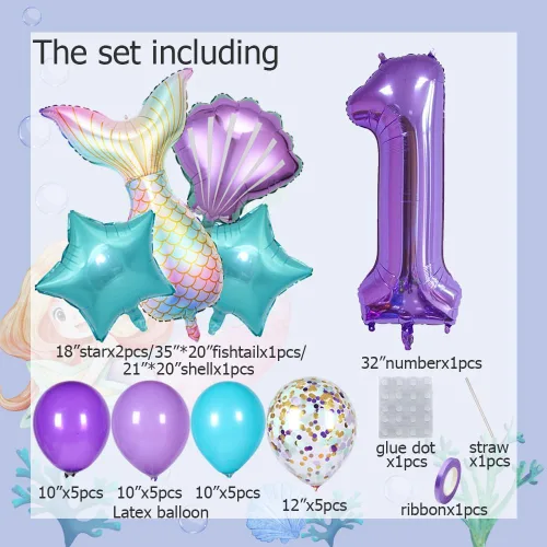 Vista 2 de Decoraciones de cumpleaños de sirena, kit de globos de cola de sirena, decoración de fiesta para niñas de 1 año (Número 1)