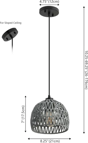 Vista 5 de JONATHAN Y Lámpara colgante LED de cuerda tejida bohemia moderna gris de 8.25 pulgadas, lámpara de techo de cúpula ajustable para isla de cocina