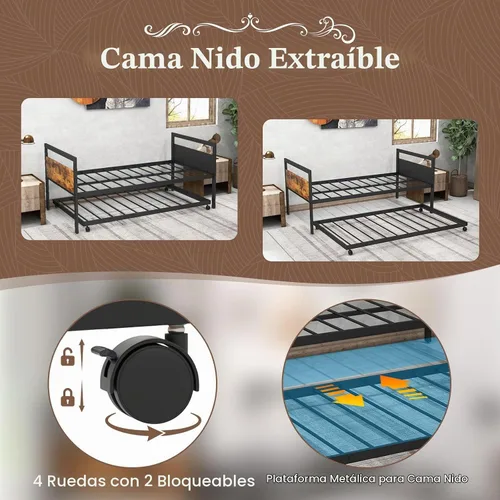 Vista 6 de KOMFOTT Sofá cama de metal de tamaño individual con nido, marco de sofá cama con cabeceras de madera, soporte de listones de metal, marco de sofá