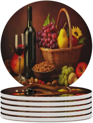 Vista 23 de 4 posavasos de vino tinto, cuadrados y modernos posavasos absorbentes de cerámica, estilo de pintura al óleo, vintage, vino tinto, uvas, rosa