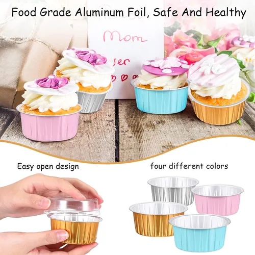 Vista 3 de Thenshop 200 mini tazas de aluminio para hornear de 5 onzas con tapa, moldes desechables para tartas, cumpleaños, boda, fiesta, papel de aluminio