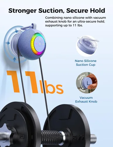 Vista 5 de Altavoz de ducha Bluetooth impermeable portátil: sonido envolvente de 360°, ventosa IPX7 extraíble con perilla de escape al vacío, 2 en 1, luces
