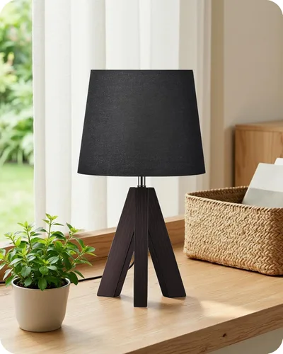 Vista 10 de Juego de 2 lámparas de mesa trípode pequeñas, lámpara moderna de mesita de noche con pantalla de tela, luz de escritorio de madera estilo bohemio