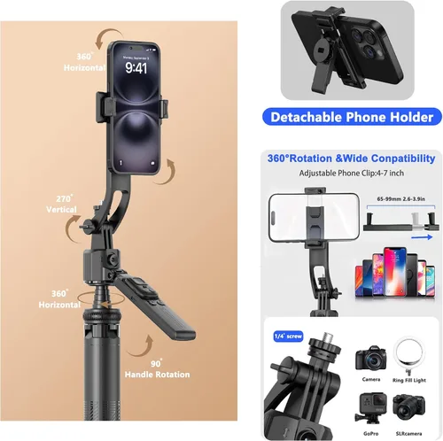 Vista 7 de Trípode de seguimiento automático de cara para iPhone con luz de 160 cm Palo selfie trípode soporte sigue tu movimiento 360° trípode de cámara